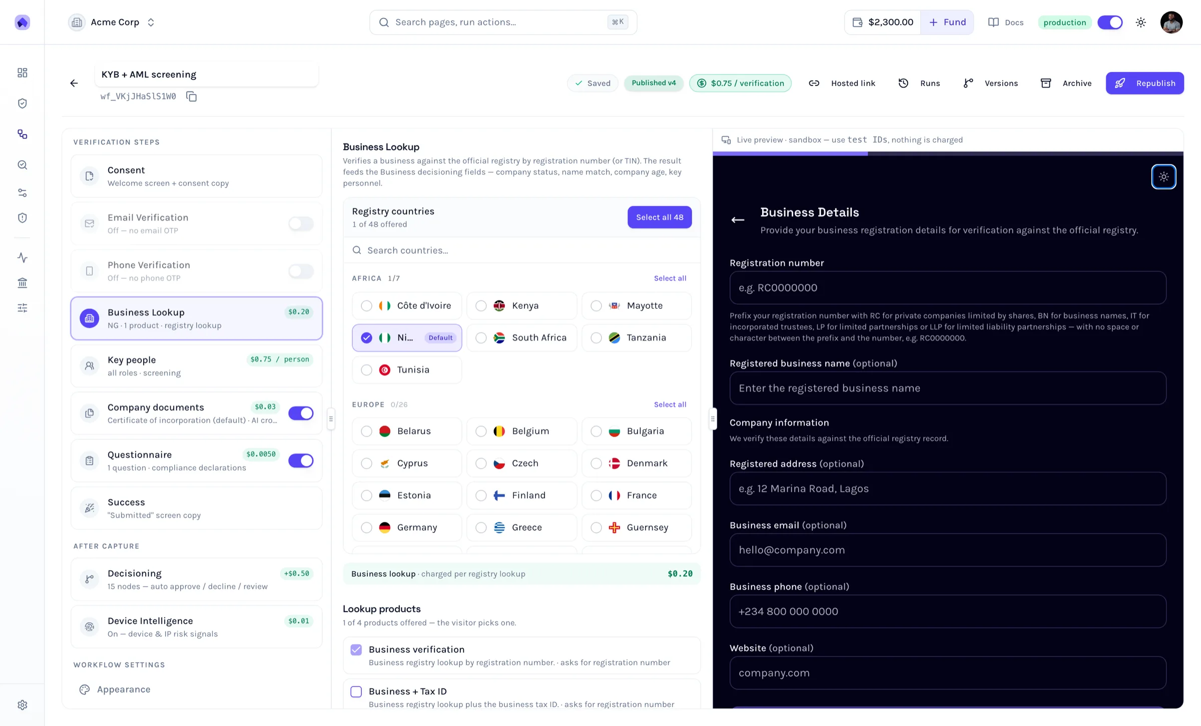 KYB workflow builder: business registry lookup across 48 countries, with the business-details SDK preview