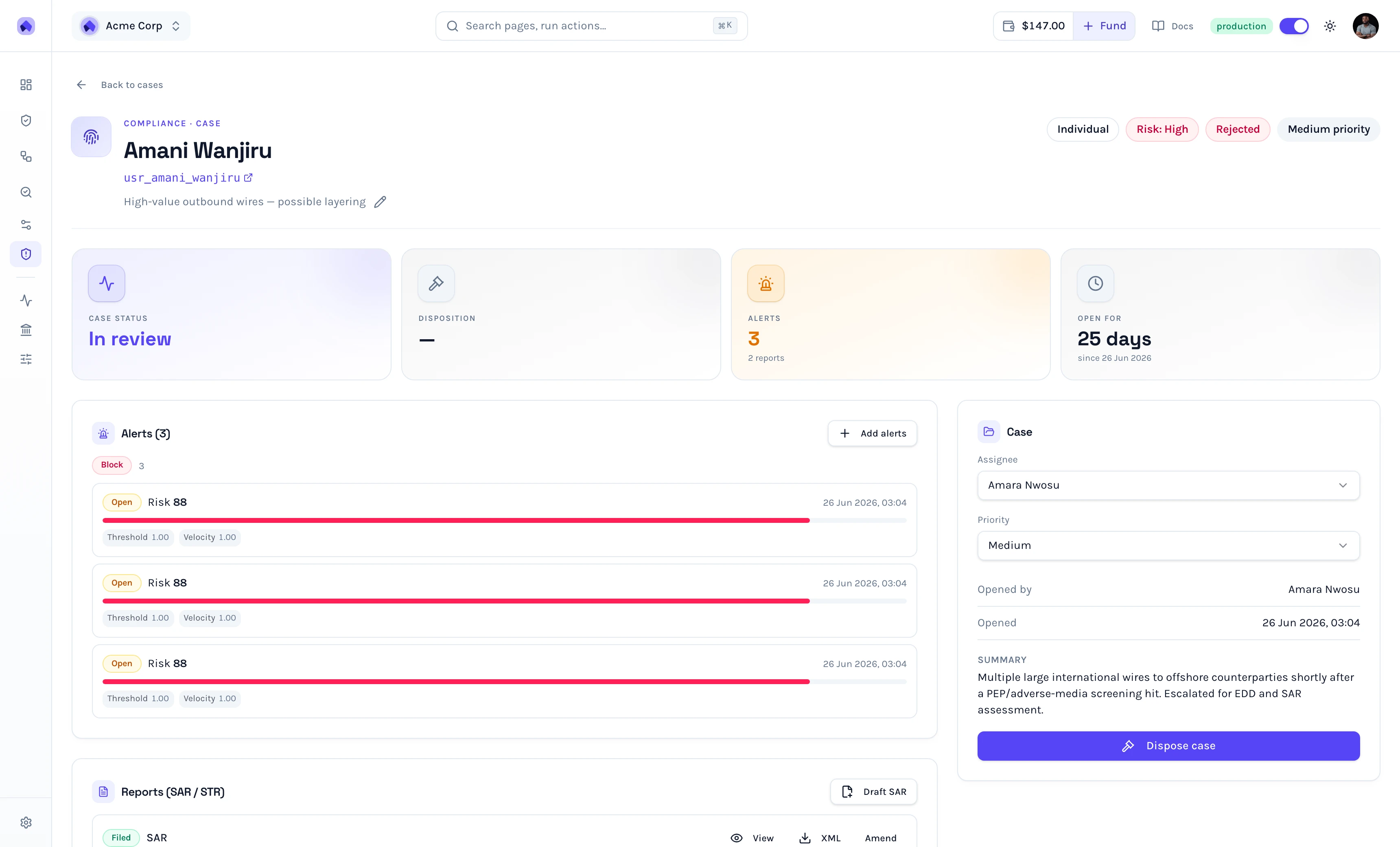 A monitoring case with its filed goAML SAR/STR: alerts, summary and the SAR report