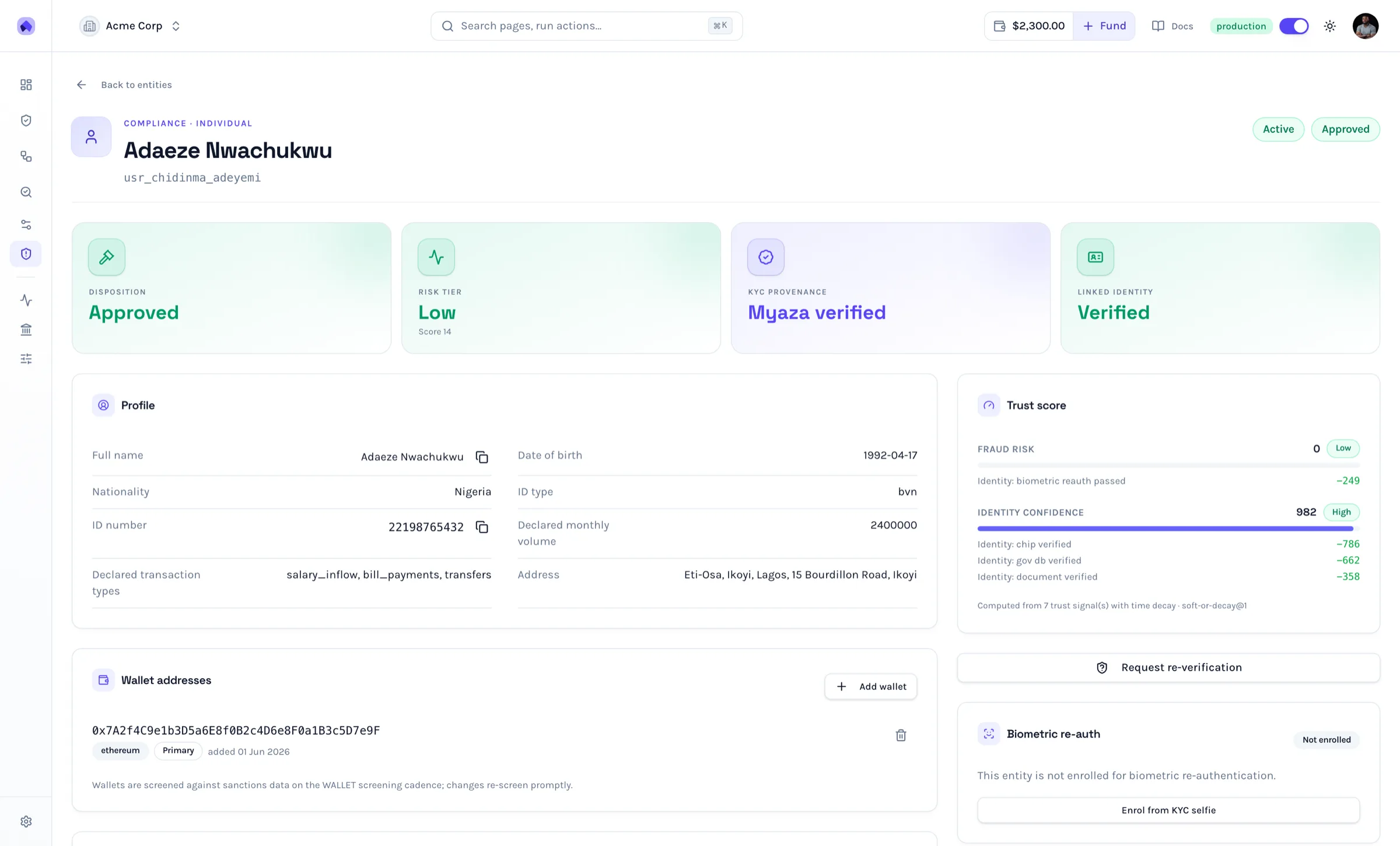 A screened entity's profile: disposition, risk tier, trust score and wallet screening
