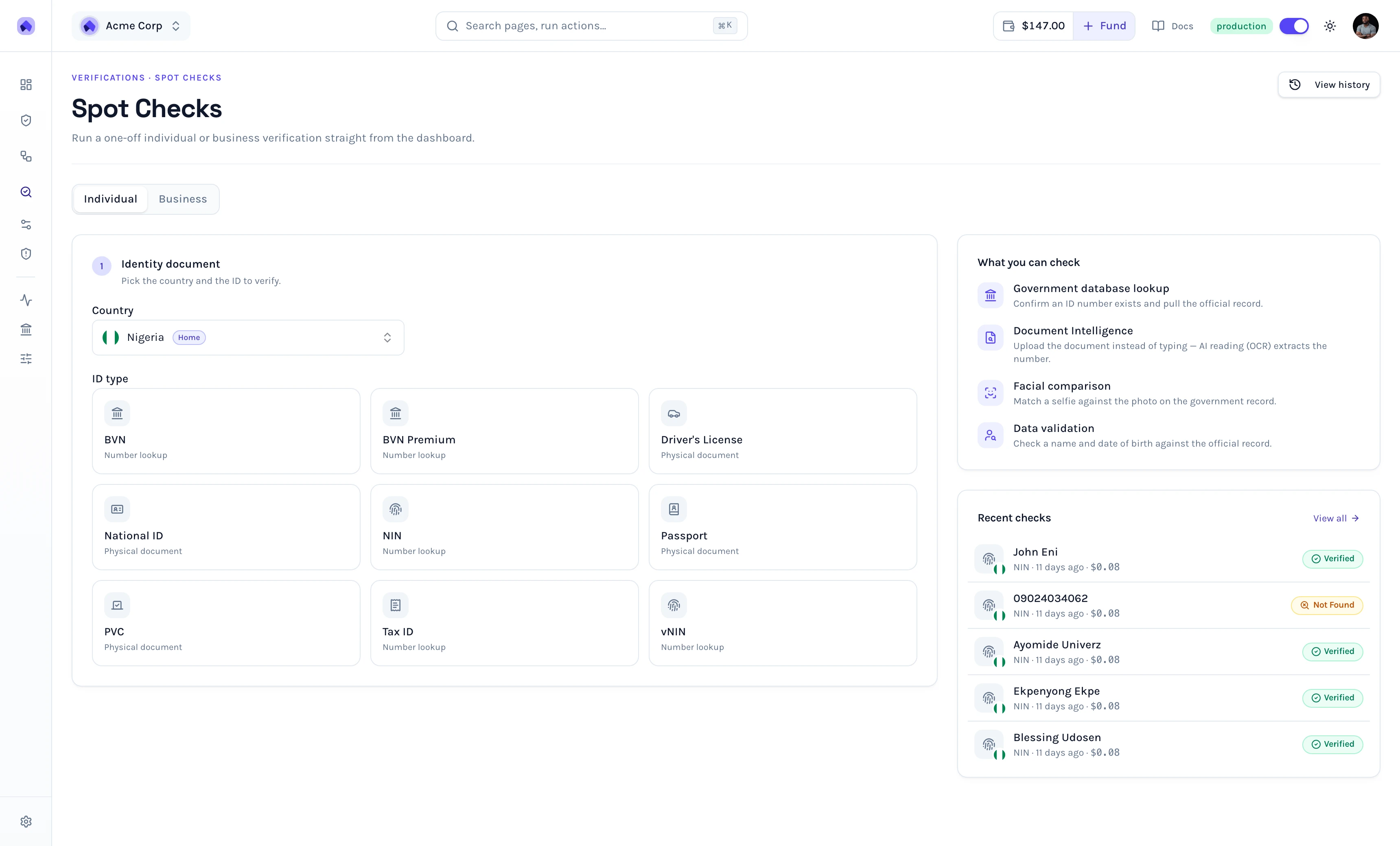 Spot Checks: run a one-off individual or business verification straight from the dashboard