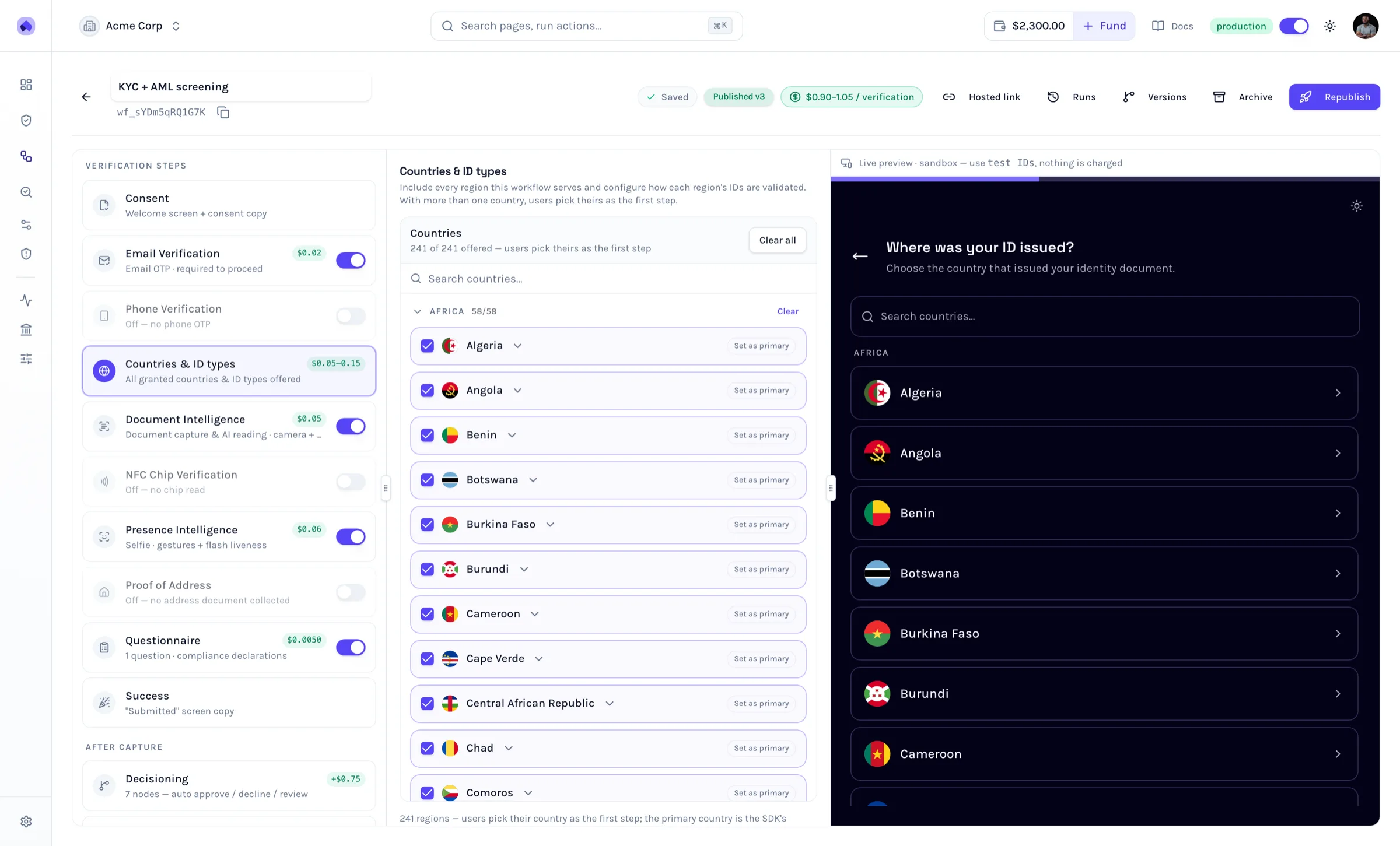 Workflow builder: verification steps, countries & ID types, and the live SDK preview