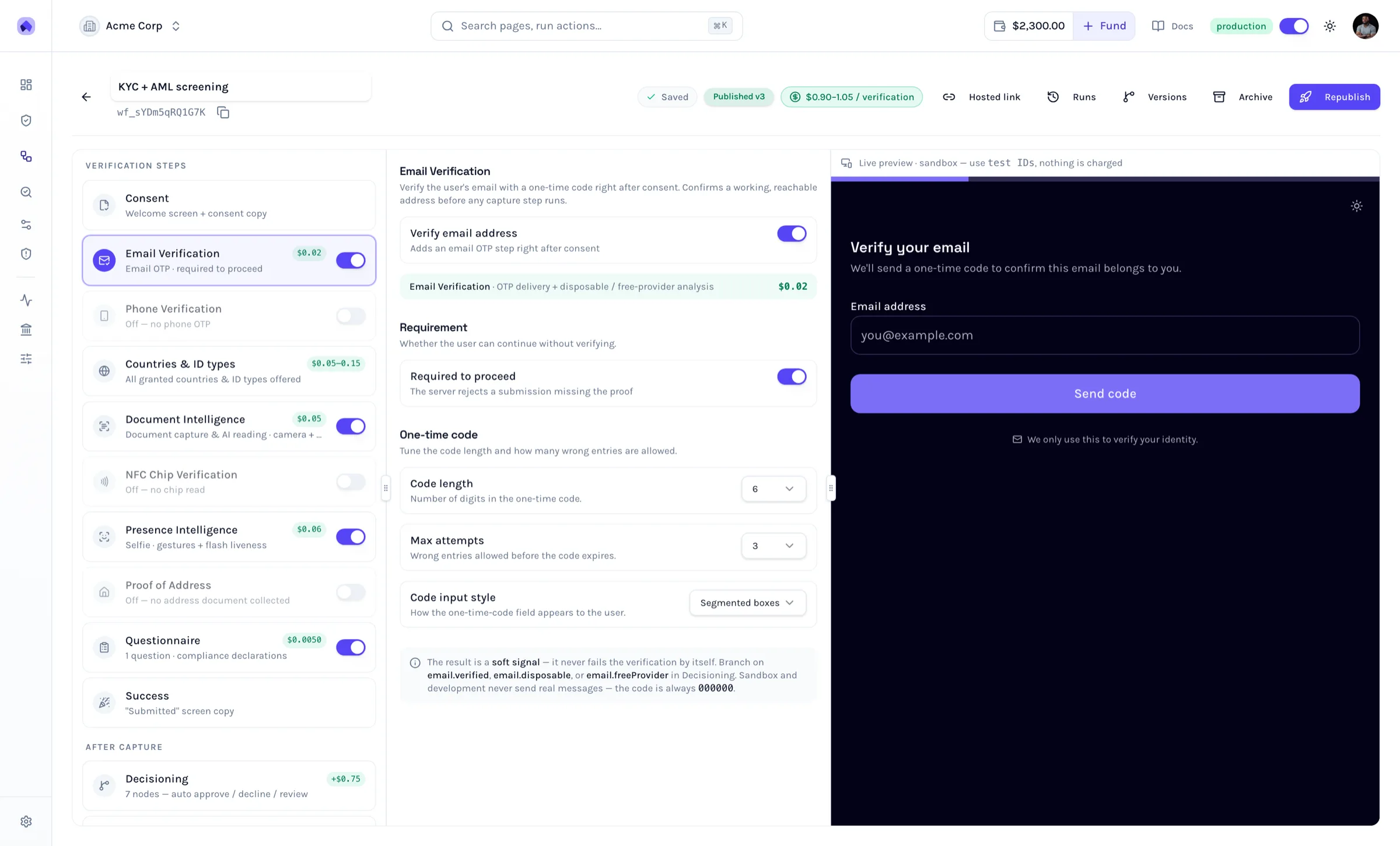 Email verification step configuration beside the live preview